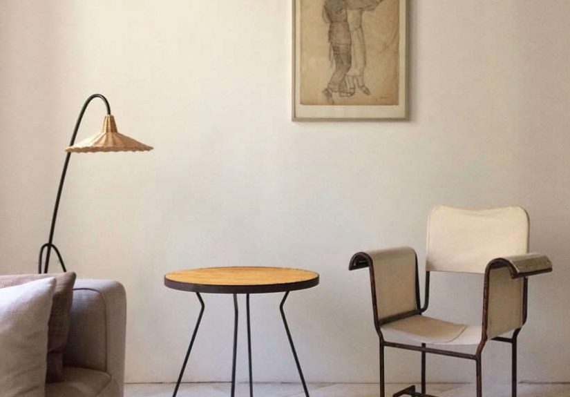 Rattan Marquetry And Black Metal Side Table